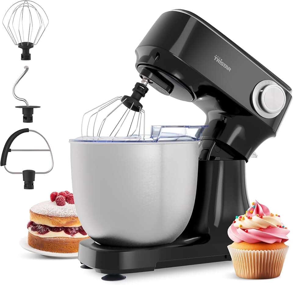 Robot Pâtissier Tristar avec Bol en Acier Inoxydable de 4,5 L, Puissance 800 W, 12 Vitesses avec Fonction Pulse, Tête Inclinable, Couvercle Anti-Éclaboussures, MX-4870