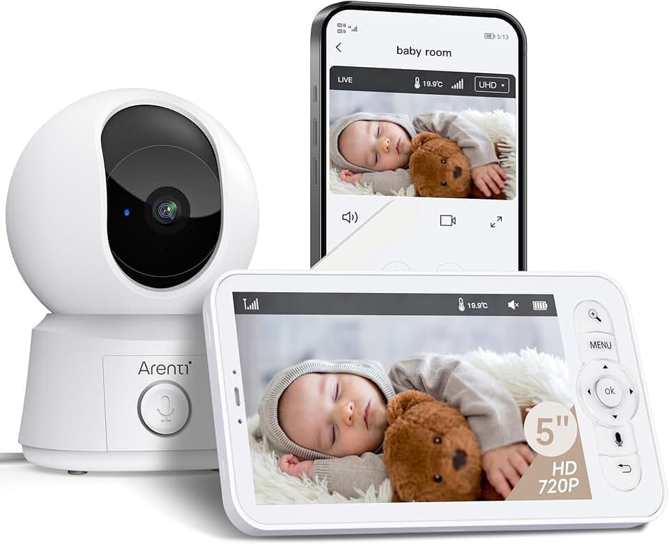 ARENTI Babyphone Camera Bébé, Baby Phone Vidéo Connecté Smartphone, Baby Moniteur Vidéo avec VOX, Détection de Température, Alertes Intelligentes/Vision Nocturne/Suivi Automatique