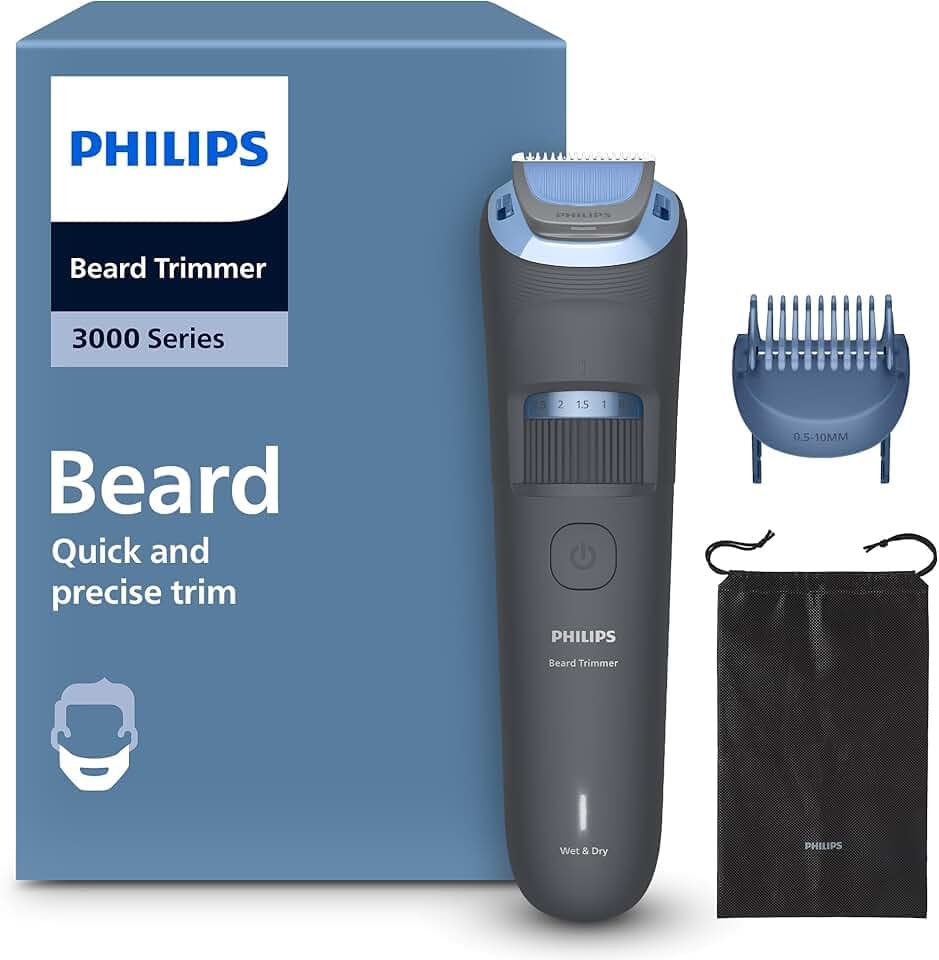 Philips Tondeuse à barbe série 3000 – Lames angles arrondis, 20 hauteurs de coupe réglables, Sabot Lift & Trim, 100% étanche, Indicateur d’autonomie, Pochette souple, Recharge USB, Modèle BT3619/15