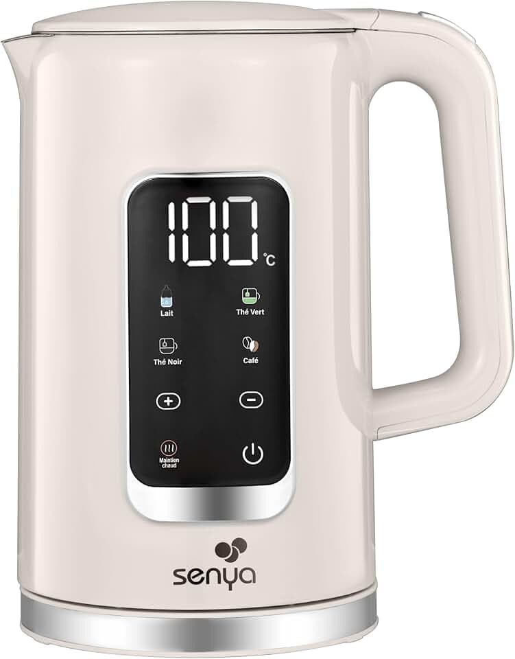 SENYA Bouilloire Électrique 1,7 L Inox – Température Réglable 40-100°C – Écran LCD – Maintien au Chaud 2h – 5 Programmes Thé Café – 2200W – Socle 360° – Double Paroi Anti-Brûlure