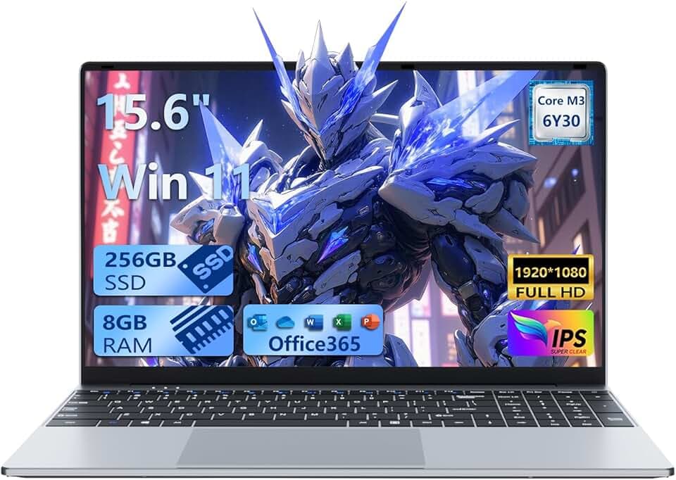 15.6 Pouces Ordinateur Portable, Win 11 PC Portable Core M3 6Y30 Processor, 8Go RAM 256Go SSD, Clavier Rétroéclairé, Laptop fin et léger avec écran FHD Pivotant à 180° Mini-HDMI 2*USB3.0 WiFi5 BT4.2