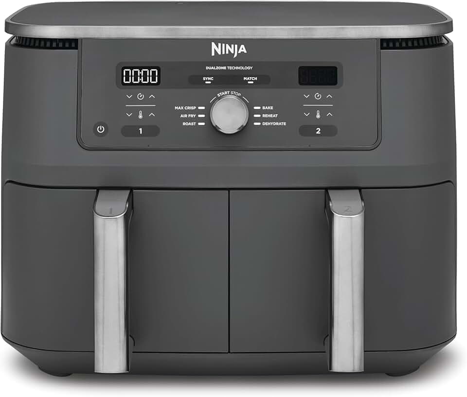 Ninja Air Fryer Dual Zone MAX numérique, Friteuse à air chaud grande capacité, 9,5 L, 6-en-1, Sans huile, Air Fry, Croustillant max, Cuire au four, Rôtir, Déshydrater, Réchauffer, Gris métal DZ400EU