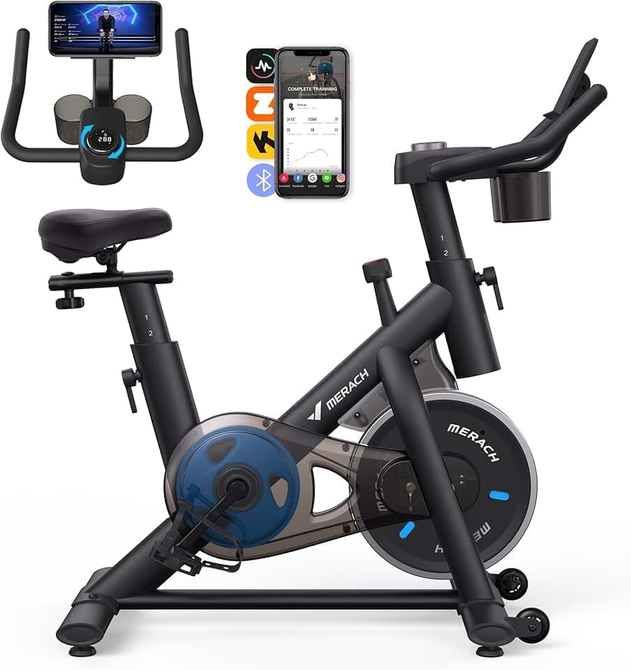MERACH Vélo d'Appartement pour la Maison - Vélo de Fitness d'Intérieur Silencieux avec Résistance Réglable, Écran LCD, Siège Confortable, pour Entraînement Cardio, App Exclusive, Capacité Max 136KG Recycled Claim Standard 100
