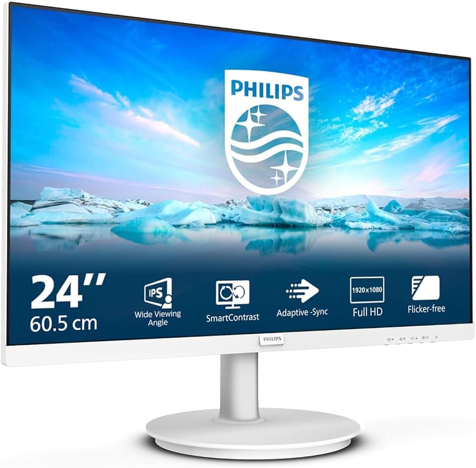 Philips 241V8AW - Moniteur Full HD 24 Pouces, Haut-Parleur intégré, sans Scintillement (1920x1080, 100 Hz, VGA, HDMI), Blanc