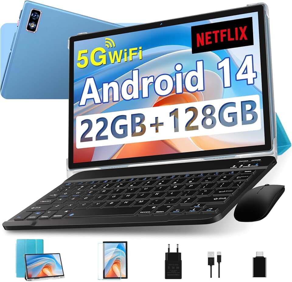 Tablette 10 Pouces Android 14 , 22GoRAM + 128Go ROM (1To TF),Widevine L1/Octa-Core/2.0GHz/5G WiFi/8000mAh/BT 5.0/5+8MP/Soutenir Neflix/Coque Métallique/Tablette Tactile avec Clavier et Souris - Bleu