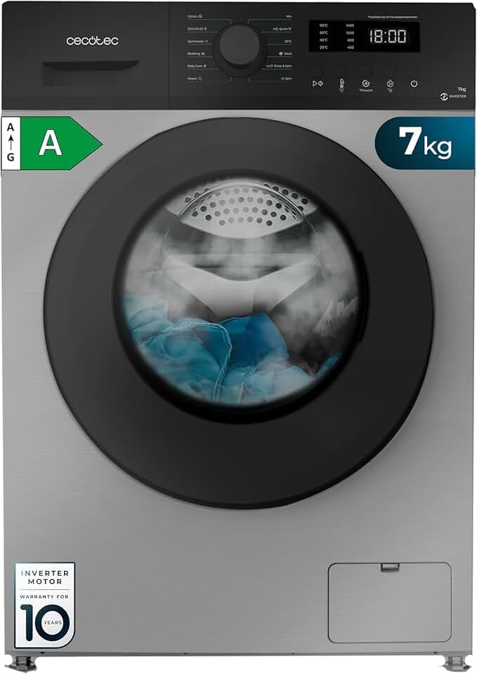 Cecotec Lave linge Frontal Bolero DressCode 7150 Inverter A, Machine à laver 7 kg, 1400 tr,min, 12 programmes, classe A, Inverter Plus, Steam Max, Drum Clean, départ différé, sécurité enfant Étiquetage Énergétique