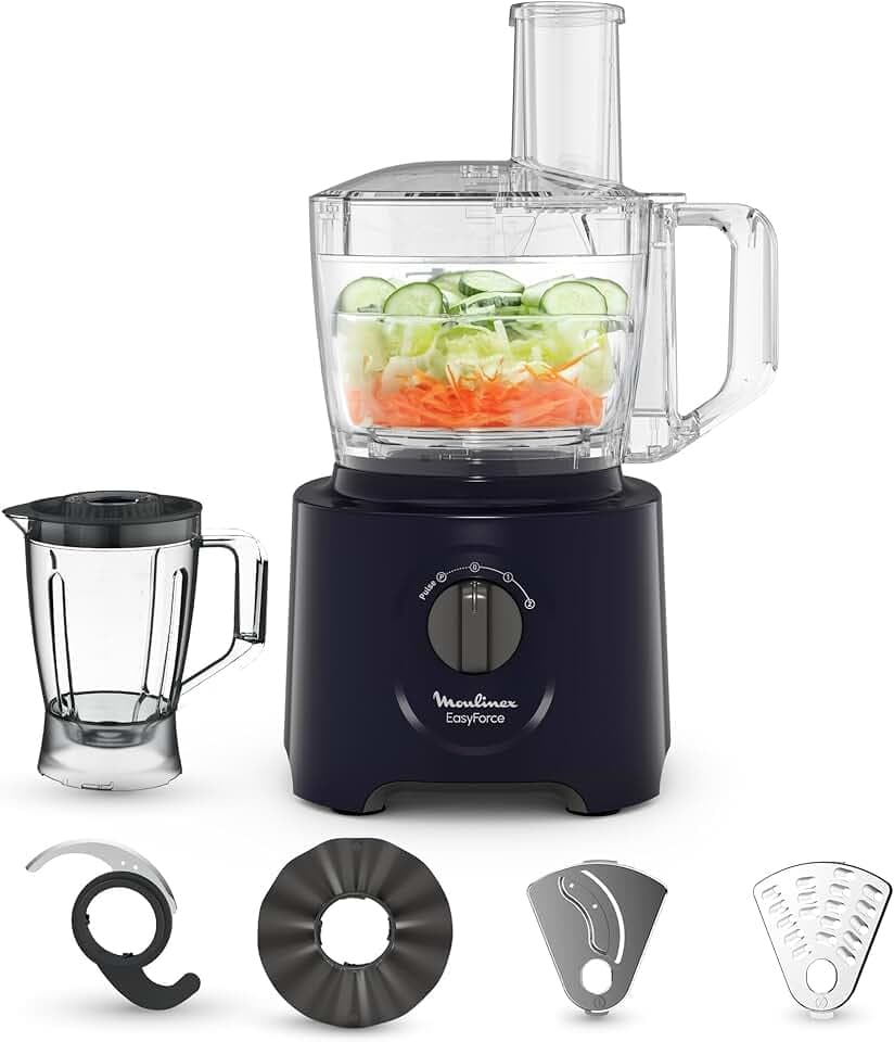 Moulinex Easy Force, Robot Cuisine Multifonction Compact 3L, 800W, 2 Vitesses + Pulse, 25 fonctions, 6 accessoires, Blender, Râpes, Bleu, FP247810