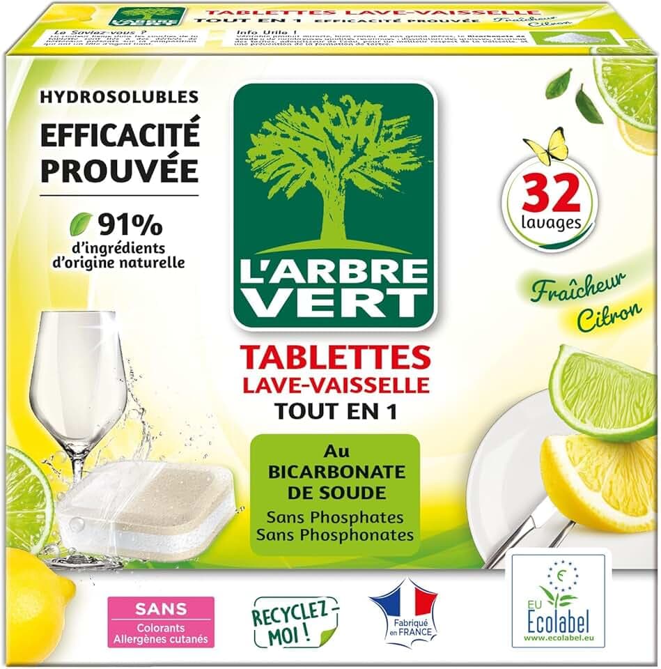 L'Arbre Vert Tablettes Lave Vaisselle Tout En 1 Citron - Ecolabel - 91% d'ingrédients d'origine naturelle - 32 Doses