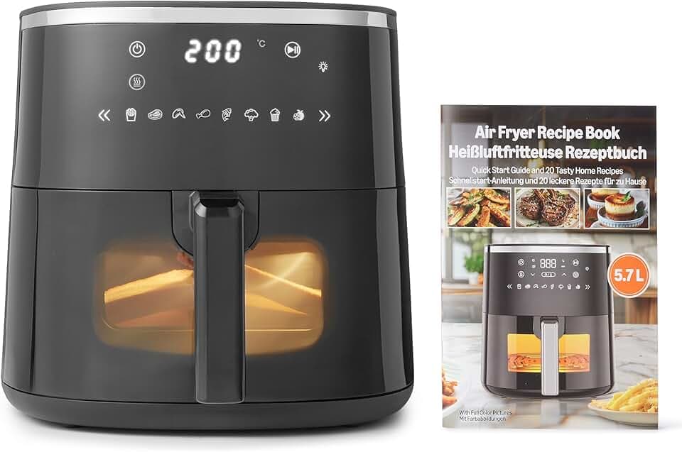Amazon Basics Friteuse à Air de 5,7L avec Fenêtre de Cuisson Pratique, 8 Programmes, 1 750W, Noire