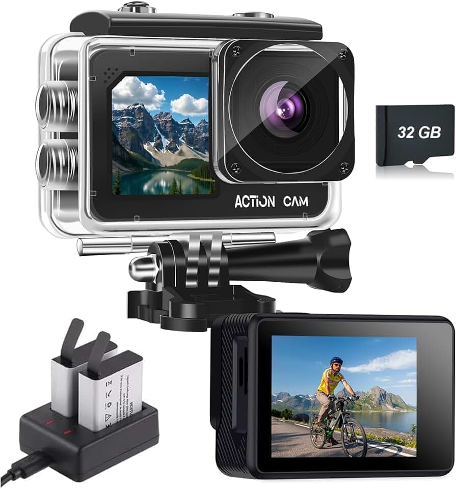 Caméra Sport Double Écran FHD 1080P, Caméra d'action Étanche 40 m, Caméra Sport Moto sous l'eau avec Carte SD 32GB Incluse, 2 Batteries 1050 mAh et Kit d'Accessoires