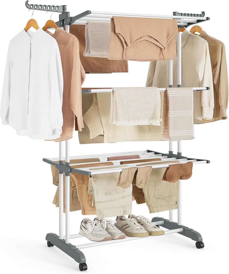 SONGMICS Étendoir à Linge, Séchoir Mobile à 4 Niveaux, avec roulettes, Pliable, 63,5 x 128 x 173 cm, Grande Capacité, Montage Facile, Utilisation Intérieure et Extérieure, Blanc LLR701W01