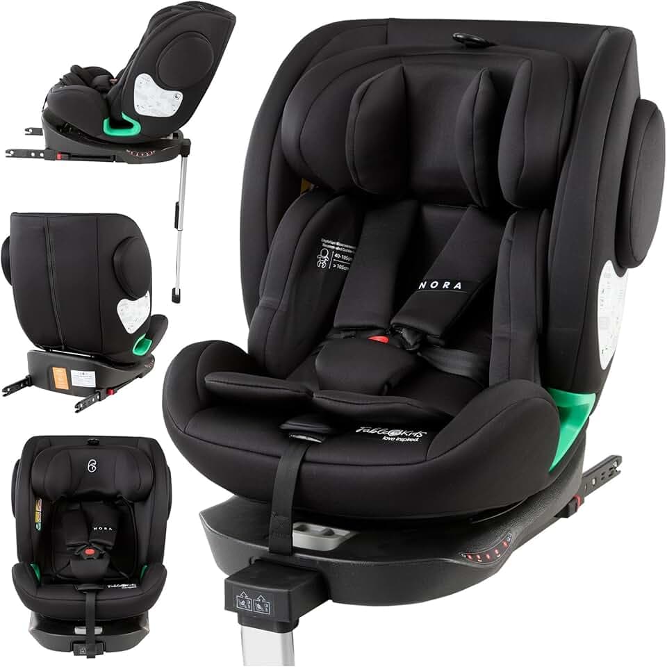 FableKids Siège enfant NORA noir | Siège auto i-Size pivotant à 360° 40-150 cm | Siège dos à la route avec ISOFIX et jambe de force | Appuie-tête et dossier réglables en hauteur | Certifié ECE R129/04
