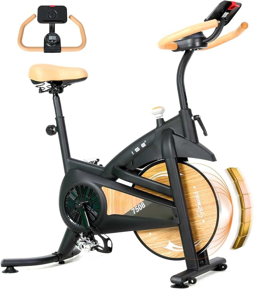 ISE Velo d Appartement Silencieux avec Résistance Magnétique Réglable, Vélo d'appartement avec Écran LCD, Réglable en Guidon et Siège Confortable, Pour Entraînement Cardio à la Maison, Capacité 130KG