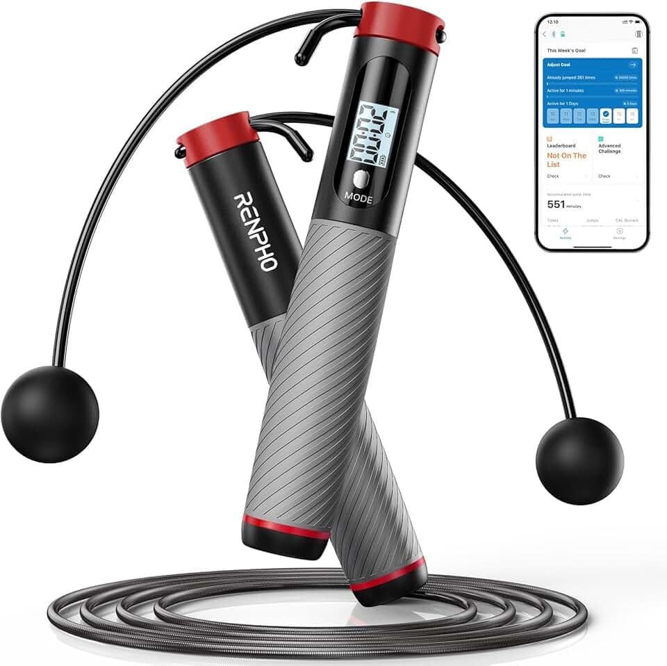 RENPHO Corde à Sauter Intelligente avec Compteur, Corde à Sauter sans Fil Réglable, App Données d'Analyse, Corde a Sauter Fitness Homme Femmes Enfants, Crossfit Équipement d'Entraînement Global Recycled Standard