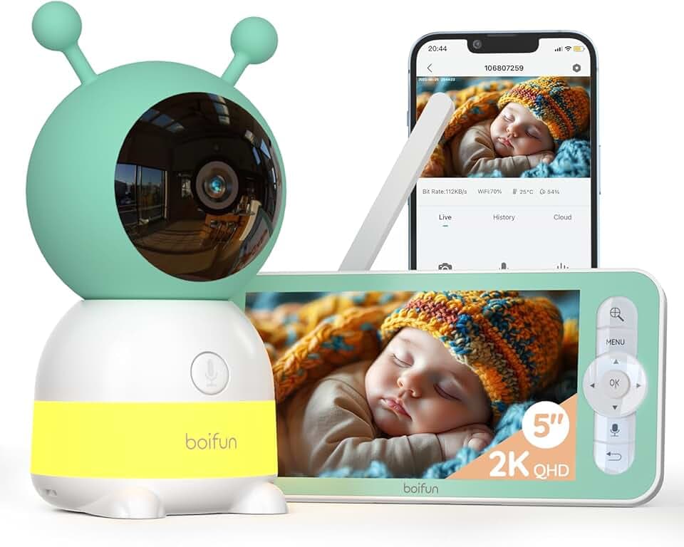 BOIFUN Babyphone Camera Bébé 2K, Baby Phone avec Caméra WiFi et Moniteur 5", Vision Nocturne Invisible, Veilleuse Bébé Colorée Réglable, Alerte Mouvements/Pleurs, Température, Zoom 4X, Rappel Biberon