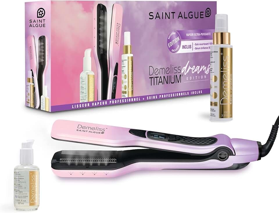 Demeliss Coffret Lisseur Vapeur Titanium DREAMS EDITION - Soin Keratine 100ml, Élixir de Brillance 50ml Inclus - Lissage Haute Performance, Hydratation Intense - Pour Tous Types Cheveux
