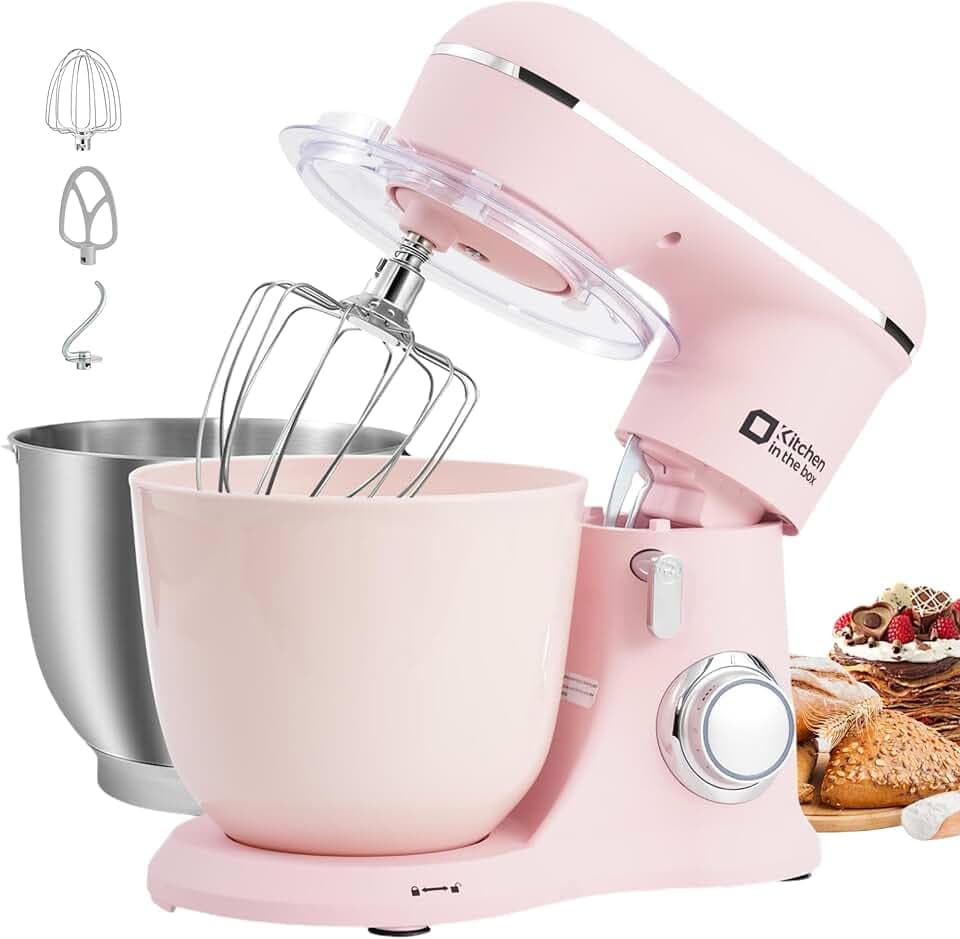 Kitchen in the box Robot Pâtissier, 4.5L+5L 2Bols Robots de Cuisine, 10 Vitesses Batteur Electrique Cuisine, 1300W Pétrin Professionnel avec Fouet, Batteur, Crochet (Rose)