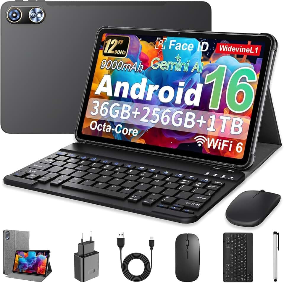 Android 16 Tablette 12 Pouces avec Gemini AI, Tablettes avec Coque, Clavier & Souris, Unisoc T7250 Octa-Core, 36 GO RAM + 256 GO ROM + 1 TO TF, 1920x1200 Écran HD, Caméra Double 8MP + 20MP, 9000 mAh