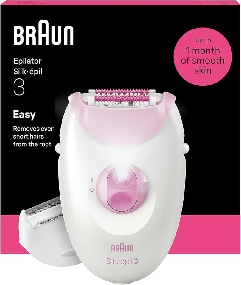 Braun Epilateur Electrique Femme Silk Epil 3 3-032, Rose – Etanche, Voyant Intelligent, sur Secteur, Coffret Epilation Facile avec Tête de Rasage, Sabot Tondeuse