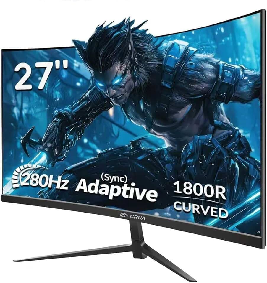 CRUA Ecran PC Gamer Incurvé 27 Pouces - 280Hz/240Hz,FHD 1920x1080,Écran Incurvé 1ms MPRT, sRGB, Anti-Lumière Bleue, HDR, Adaptive Sync, HDMI DP, VESA