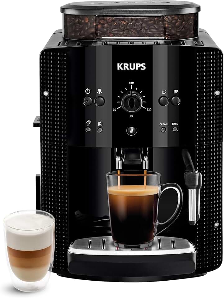 Krups Machine à café grain, machine expresso, 2 tasses en simultané, Nettoyage automatique, Buse vapeur pour Cappuccino, Cafetière espresso, Essential noire YY8125FD, Noir