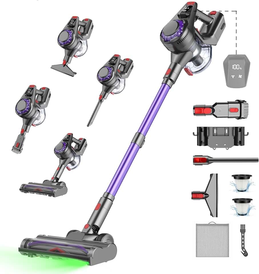 Aspirateur Balai Sans Fil | 40KPa 450W Moteur Amélioré 50Min, 1,6L Aspirateur Sans Fil Autoportant, Station de Charge Murale V Anti-Emmêlement, Aspirateur Balai Écran LED Poils Tapis Parquet D'animaux