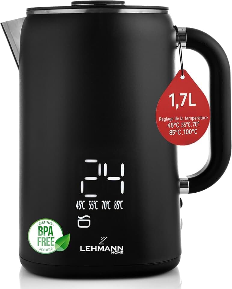 LEHMANN Bouilloire Electrique Inox 1,7L, Température réglable 45-100°C, Ebullition Rapide, Maintien au Chaud, Double Paroi, Écran Tactile, sans BPA, idéale pour Famille et Bureau, Noir Mat
