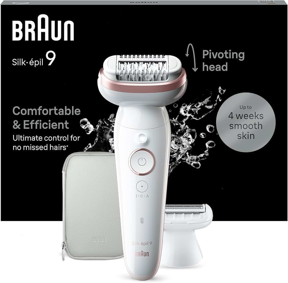 Braun Epilateur Electrique Pour Femmes Silk-épil 9 9-030 Avec Tête Pivotante Pour Epilation Facile, Tête De Rasoir, Sabot Tondeuse Et Rouleaux De Massage, Peau Douce Longue Durée, Blanc/Rose GreenCircle Certified: Certified Energy Savings