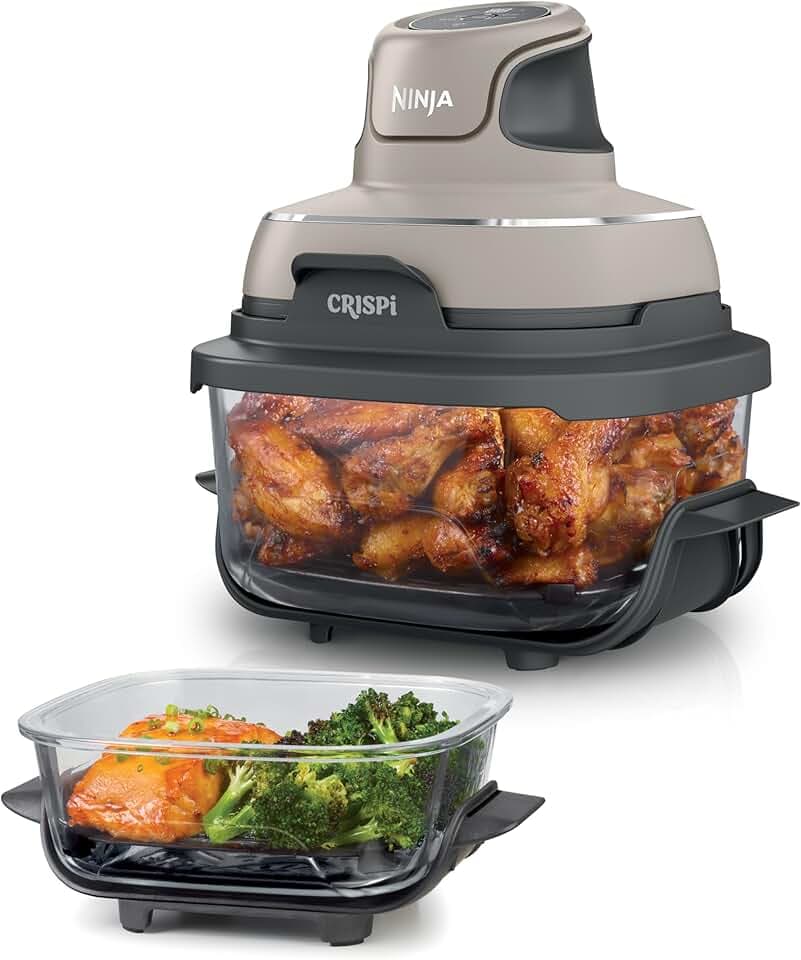 Ninja CRISPi Friteuse sans huile portable, 3,8L, 4-en-1 : Frire sans huile, Rôtir, Garder au chaud, Recroustiller, Design compact, 2 récipients avec couvercles, 1 700 W, Pierre FN101EUST