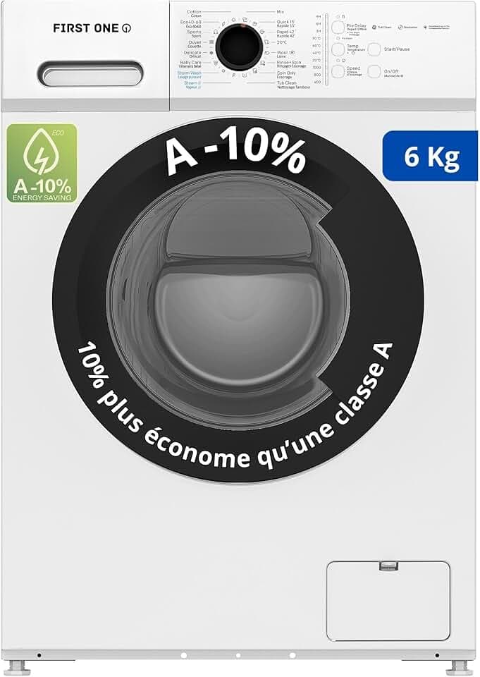 Lave-linge frontal FIRST ONE FLL61000WH - 6 Kg - 1000 tr/mn - 16 programmes - Eco - Intensif - Rapide - Très Faible conso - Classe A-10% (Blanc, 6 Kg)