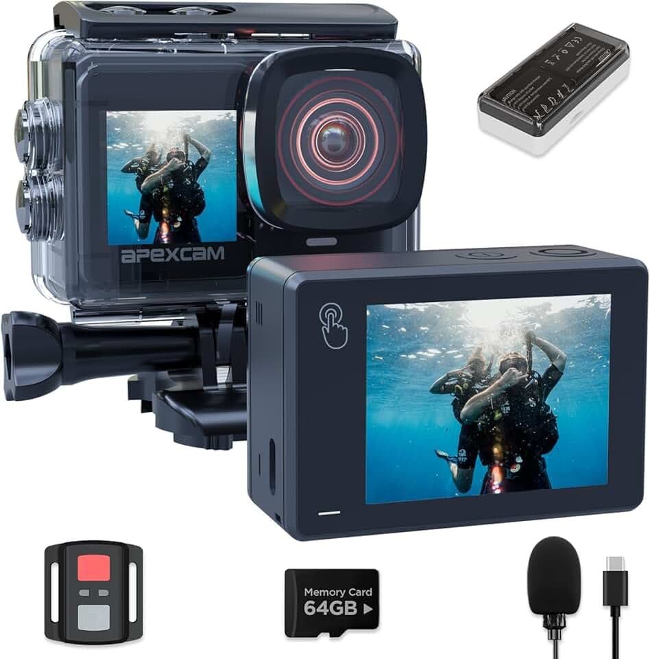 Apexcam Caméra Sport 4K 60FPS, Action Cam WiFi avec Double Écran et Micro SD 64GB, Stabilisation EIS Étanche 40M avec 2 Batteries 1350mAh, Kit d’Accessoires et Télécommande 2.4G