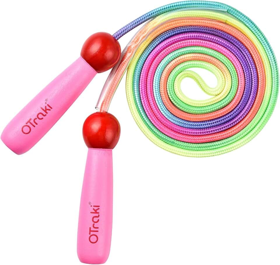 OTraki Corde à sauter arc-en-ciel pour enfants, cordes à sauter réglables pour enfants, corde à sauter avec poignée en bois pour filles/garçons, corde à sauter d'exercice pour enfants