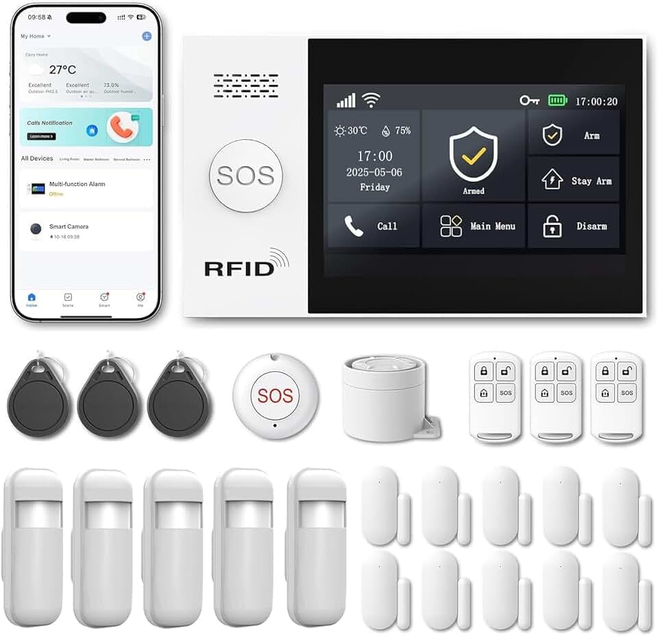 Alarme Maison sans Fil WiFi 4G sans Abonnement, Kit Alarme Maison Connectée 24 Pièces avec Écran Tactile 4,3", Sirène 120 DB, Détecteurs Mouvement et Porte/Fenêtre (Lot de 24 Articles)