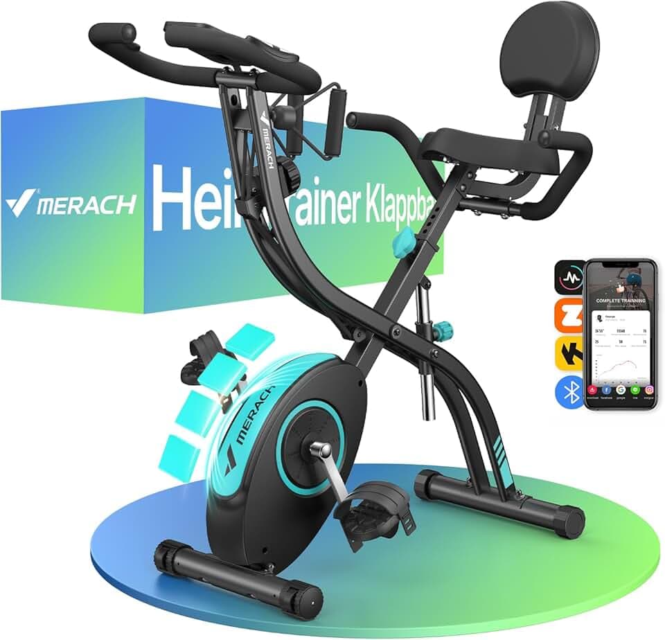 MERACH Velo D Appartement Silencieux avec App Entraînement, 4 en 1 Vélo D’Appartement Pliable avec Résistance Magnétique 16 Niveaux, Écran LCD, Mesure du Pouls, Bande de Résistance, Selle Confortable Recycled Claim Standard 100