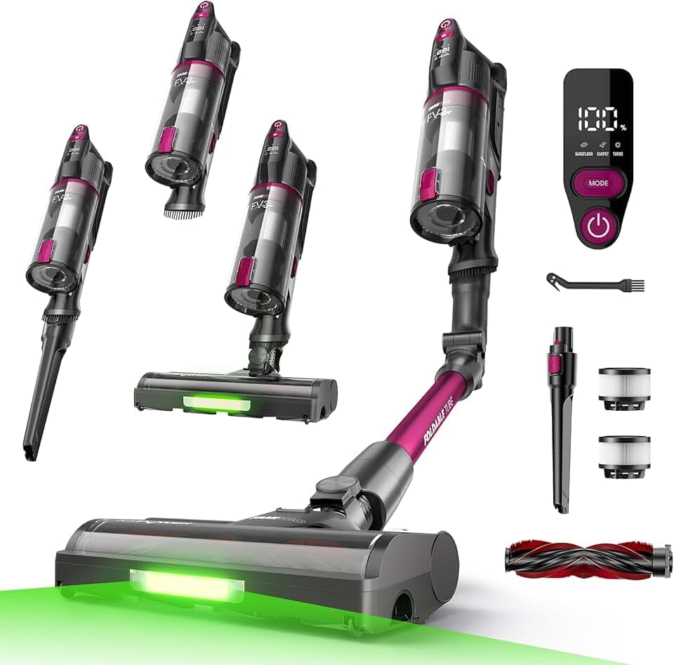 FAMIVAC FV3 Aspirateur Balai sans Fil 60KPa/50Min/120㎡, Tube Pliable, Autoportant à Brosse Anti-Enchevêtrement, Lumière Verte, Aspirateur à Main Puissant pour Sol Dur/Moquette/Poils Animaux/Voiture