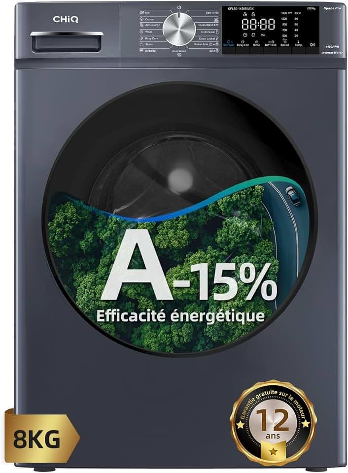 CHiQ Lave-linge CFL80-14586IM3XA,8 kg,Class A-15%,Space Pro,Moteur Inverter stable, 1400 tr/min, Programme intelligent à IA, Fonction vapeur, Lavage rapide 15 minutes, 15 cycles lavage, Gris Étiquetage Énergétique