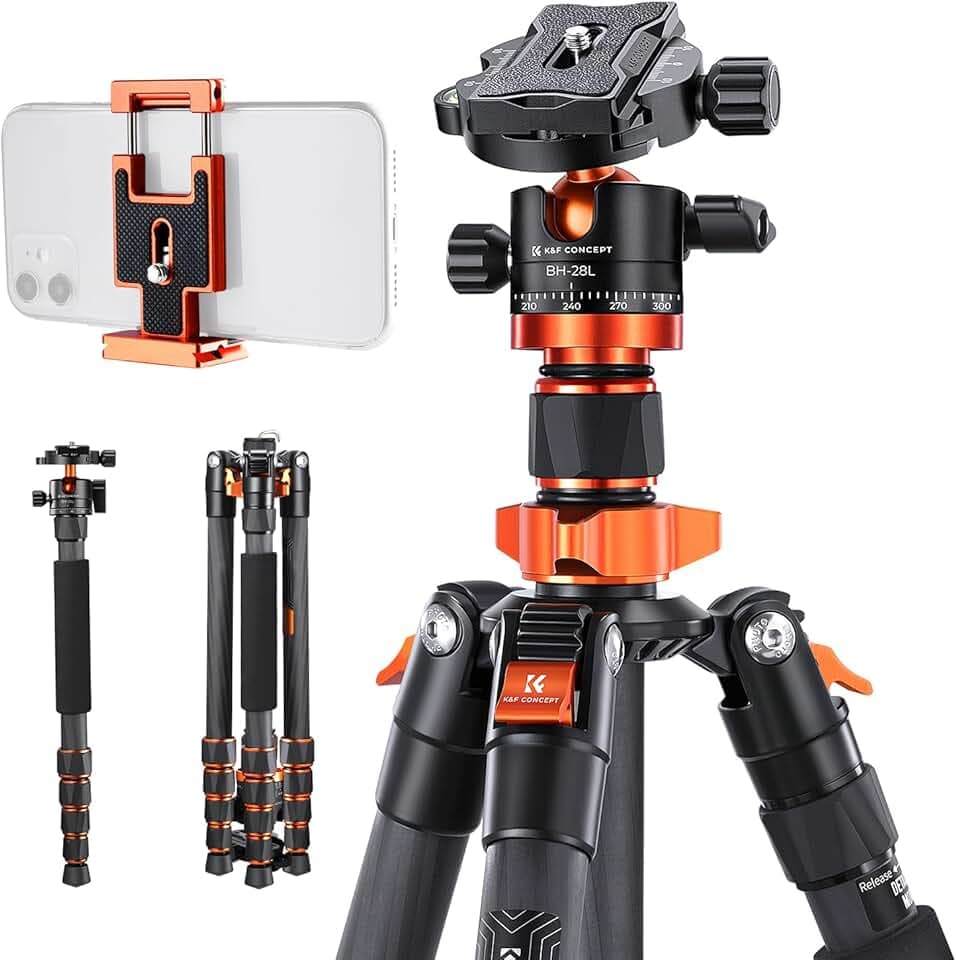 K&F Concept Trepied Carbone Monopode Appareil Photo 172cm, Trépied Professionel Compact D255C4 pour DSLR, Trepied Voyage Leger 5 Sections avec Rotule Metal Sac Transport Inclus Max:10kg(SA255C1) Global Recycled Standard
