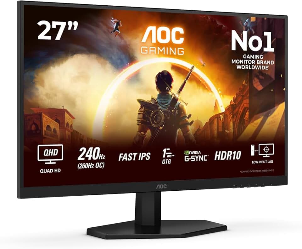 AOC Gaming Moniteur Q27G42ZE 27 Pouce 260Hz, Fast IPS Dalle, 0.3ms MPRT, HDR10, G-Sync Compatible, (2560x1440 HDMI 1x 2.0 DP 1x 1.4) Noir