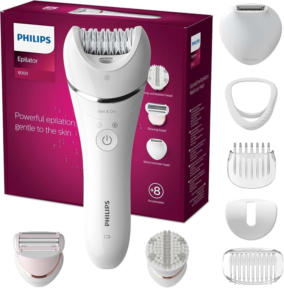 Philips Series 8000 - Epilateur Wet & Dry sans fil pour les jambes et le corps, avec 8 accessoires, rasoir, tondeuse et embout exfoliant pour le corps, (modèle BRE735/00)