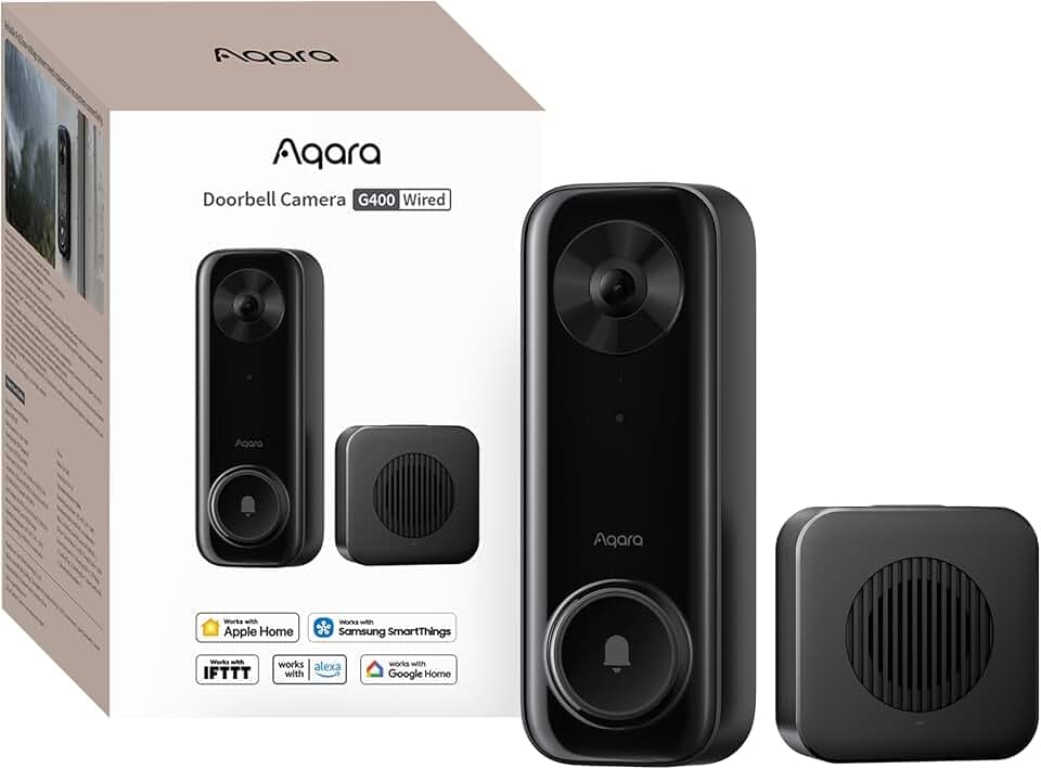 Aqara Sonnette Vidéo G400 avec Carillon, PoE/WiFi, HomeKit Secure Video, Vue Tête-aux-Pieds 2K, Wi-Fi 6 2,4/5 GHz, Compatible avec Alexa/Google/SmartThings, Détection locale, Enregistrement 24/7, IP65