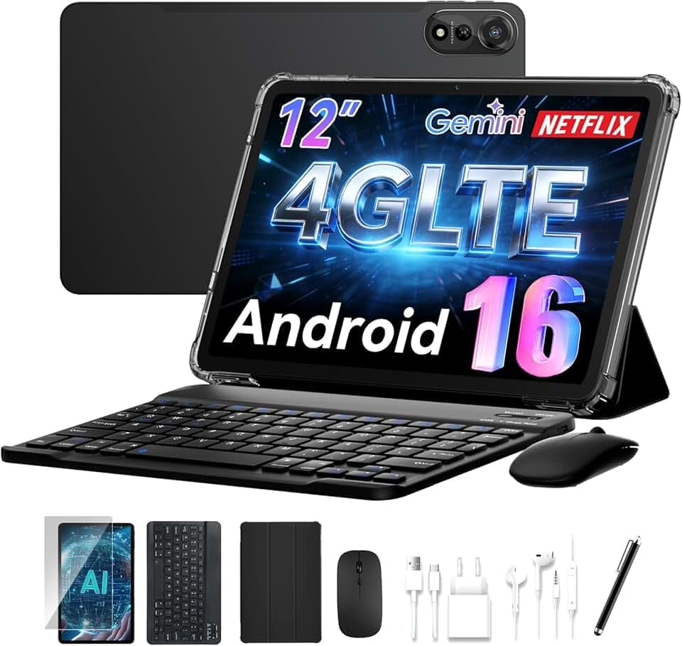 2026 Dernier Android 16 Tablette,12 Pouces Tactile Tablet avec Clavier,4G LTE+5G WiFi,120HZ 2K FHD 24Go RAM+128Go ROM,9000 mAh,Octa-Core Tablets Gaming avec Stylet,Gemeni AI/GPS/WideVine L1/Face ID