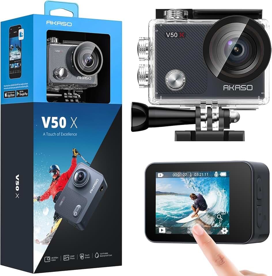 AKASO Caméra Sport 4K Etanche WiFi Action Caméra Sportive Ultra Full HD Stabilisateur avec Télécommande Écran Tactile 30fps Angle Réglable 131 Pieds sous Marine 2 Batteries Kit d'Accessoires – V50X Global Recycled Standard