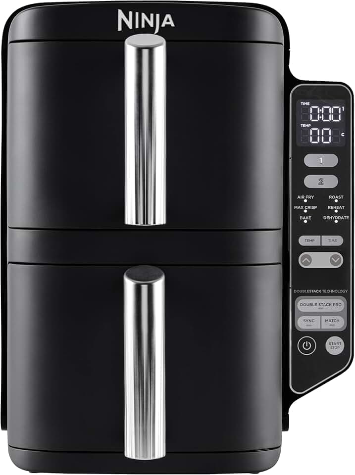 Ninja Double Stack Air-Fryer, Friteuse verticale sans huile à 2 tiroirs, 4 niveaux cuisson, 2 tiroirs et 2 grilles, design compact, capacité de 7,6L, 6 fonctions de Cuisson, 6 portions, gris SL300EU