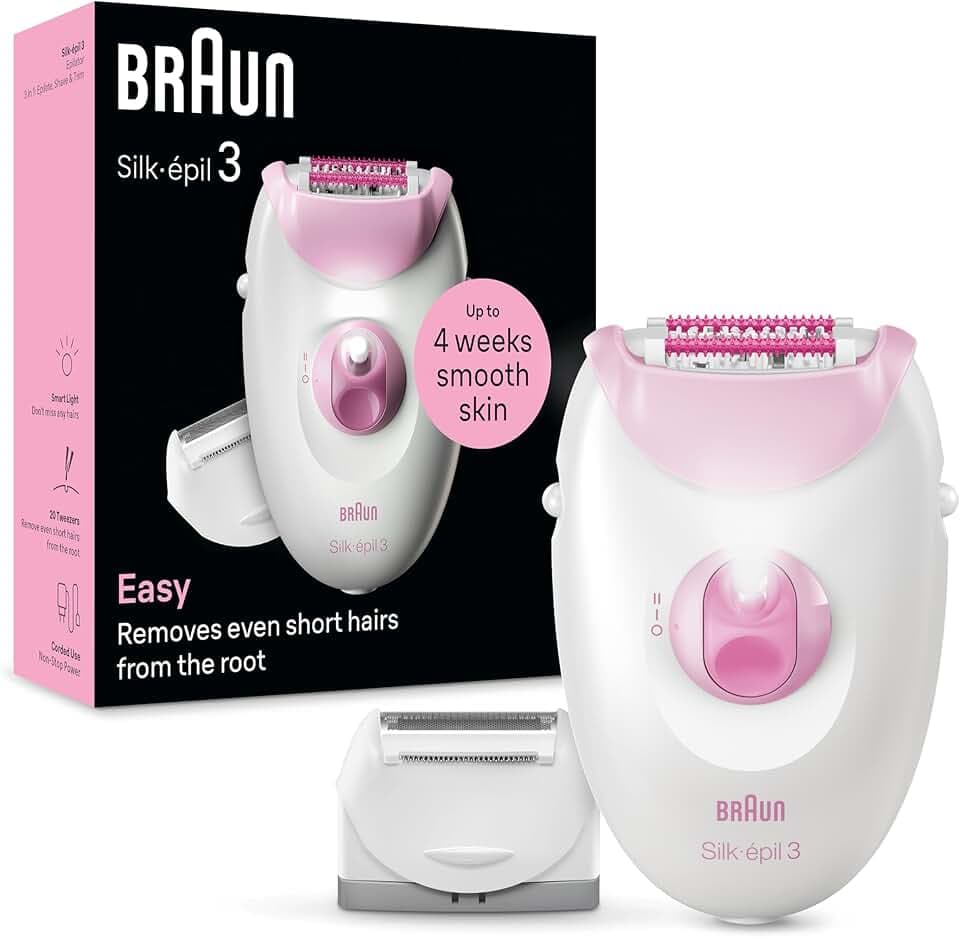 Braun Silk-épil 3 Épilateur Filaire Femme pour Épilation Rasoir et Tête de Tondeuse 3-031 Rose GreenCircle Certified: Certified Energy Savings