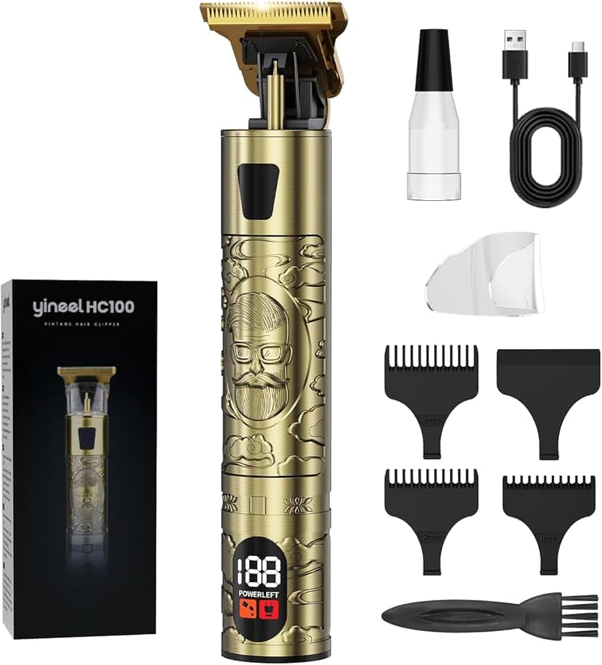 Yineel HC100 Tondeuse Barbe Homme, Tondeuse Cheveux Hommes, Rasoir Electriques Hommes, Charge Rapide Type-C, Précision Zéro avec Lame en T et Écran LCD, Cadeau Homme (Or)