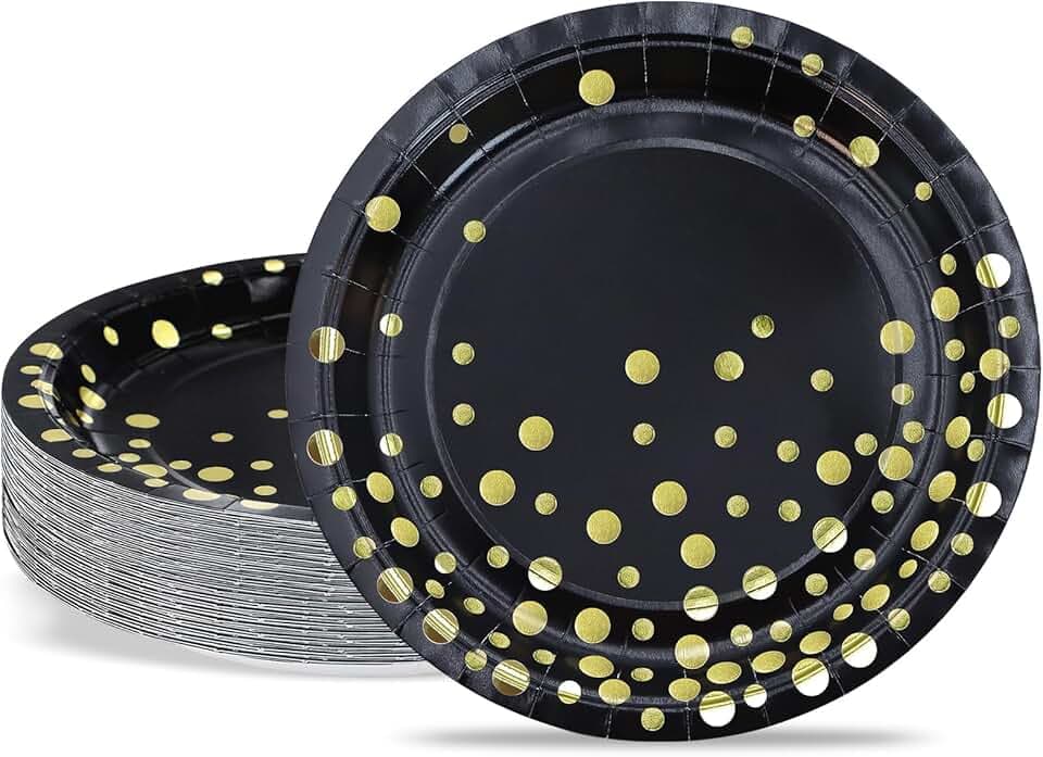 ZVK ZVK Assiettes à lunch 23cm Paillettes dorées Noir - 50 pièces Vaisselle jetable de fête pour occasions spéciales