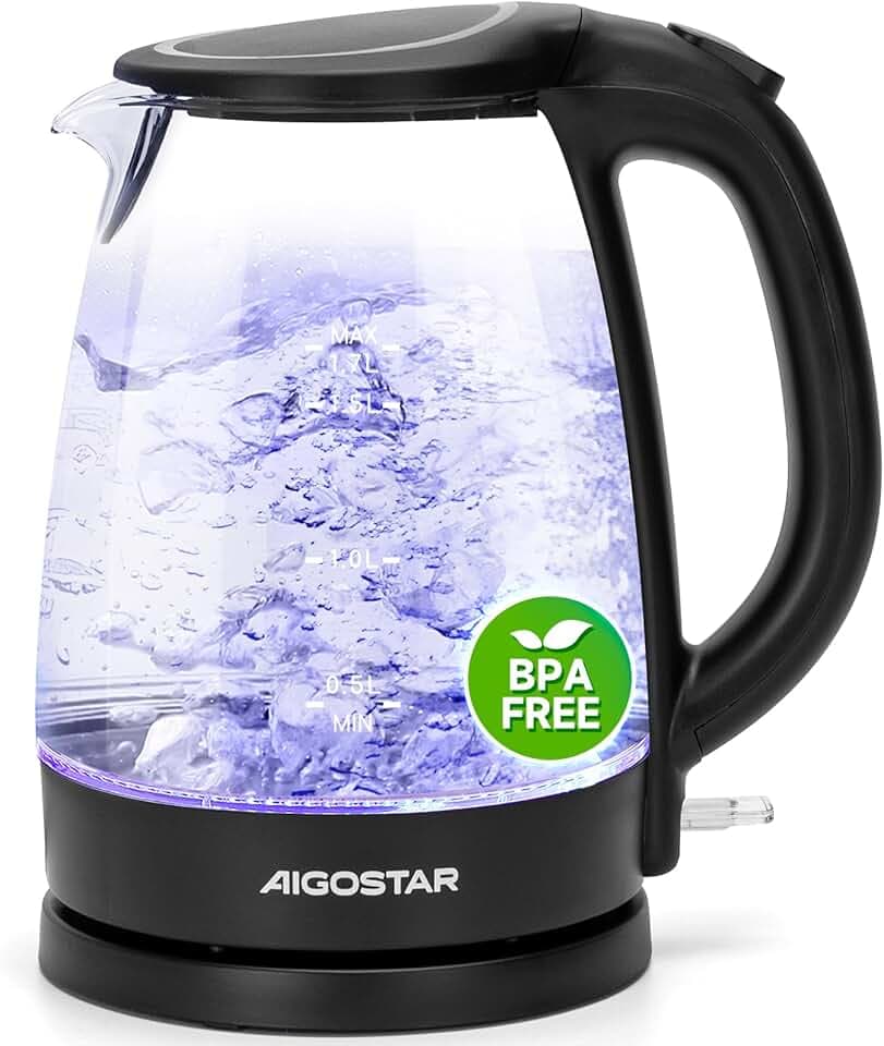 Aigostar Adam 30GOM - Bouilloire électrique en cristal avec illumination LED, capacité de 1,7 litres, puissance de 2200W, sans BPA et système de protection contre l'ébullition à sec. Design exclusif.