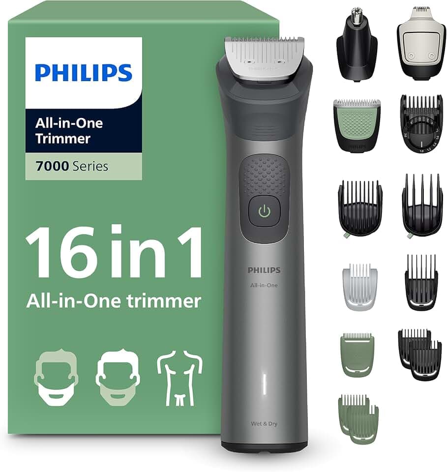 Philips Multigroom série 7000 Tondeuse tout-en-un 16 accessoires – tondeuse pour barbe, cheveux et corps, lames en métal auto-affûtées, 21 hauteurs de coupe (0,5-16 mm), modèle MG7931/15