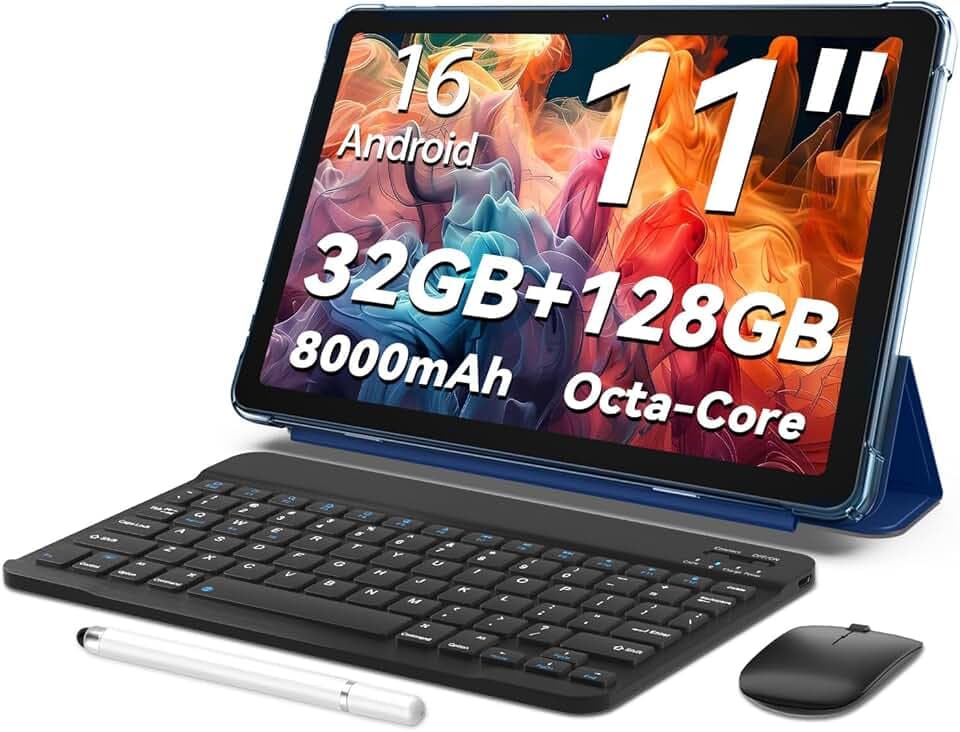 Tablette Android 16,tablette 11 pouces,32 Go + 128 Go extensible à 1 To, pack productivité avec housse clavier, stylet, processeur octa-core, double caméra, WiFi 6, batterie 8000 mAh (Bleu)