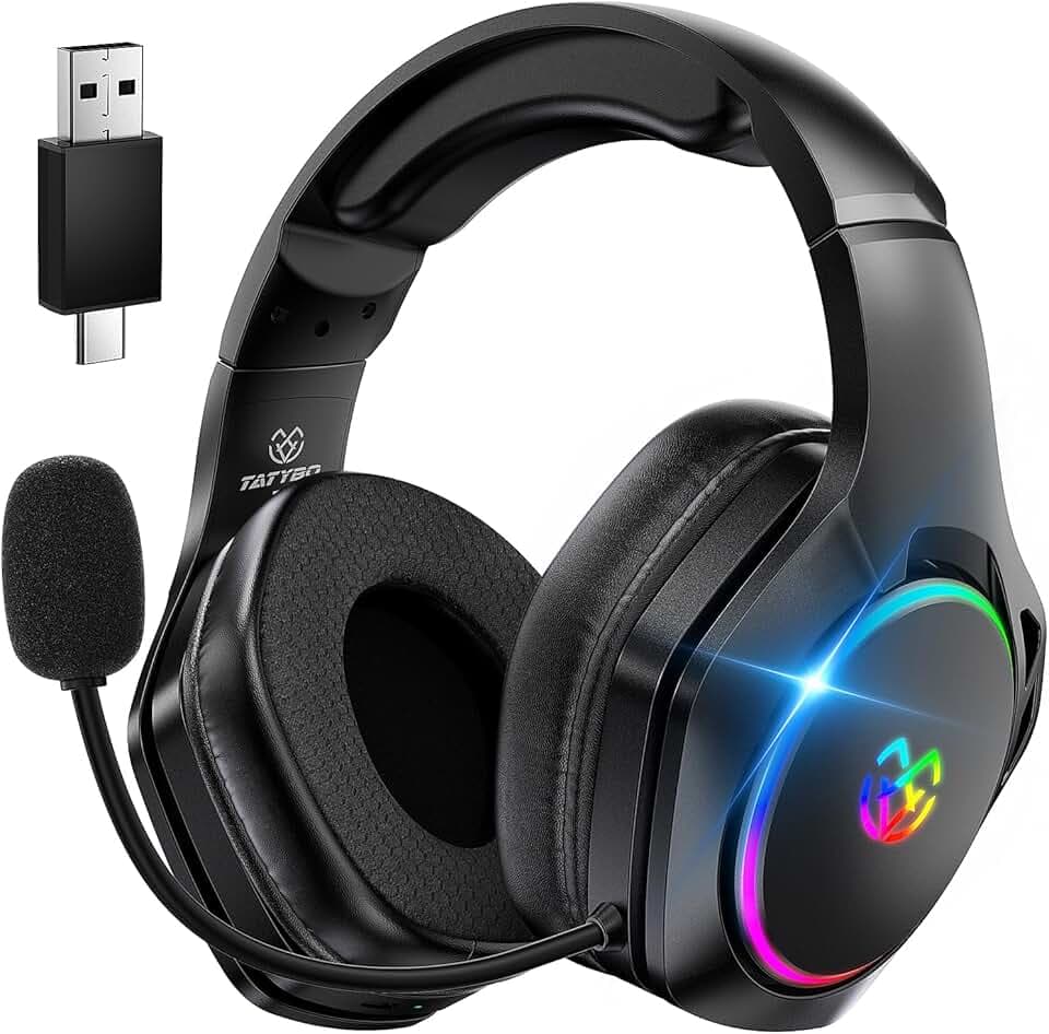 Tatybo Casque Gaming sans Fil, Casque avec Micro Bruit Environnemental, 7.1 Son Surround, Batterie de 35H, Transducteurs 50mm, Oreillettes Respirantes, Casque Gamer pour Ps5 PC Ps4 Switch